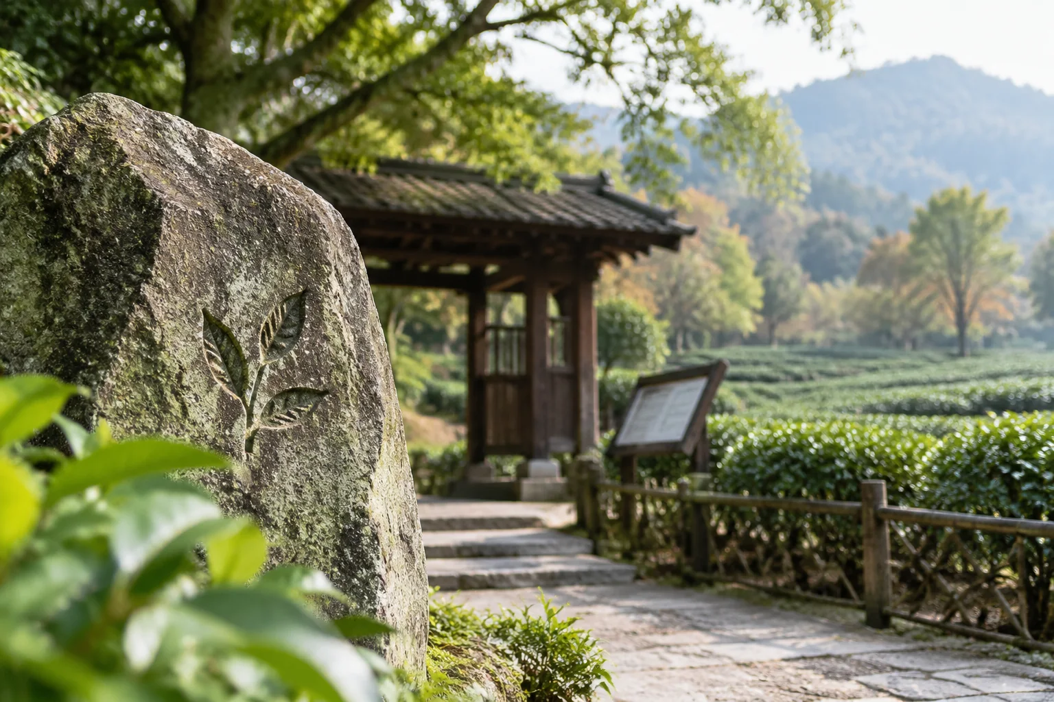AI-generated realistic travel concept: Start at the village entrance: the Imperial Tea Garden