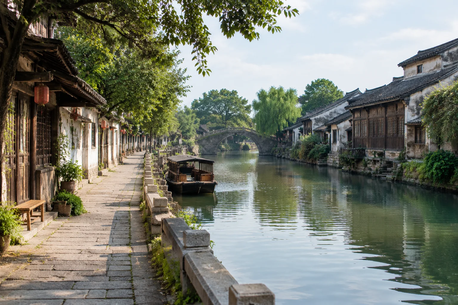 AI-generated realistic travel concept: Comparing Nanxun With a Bigger-Name Water Town