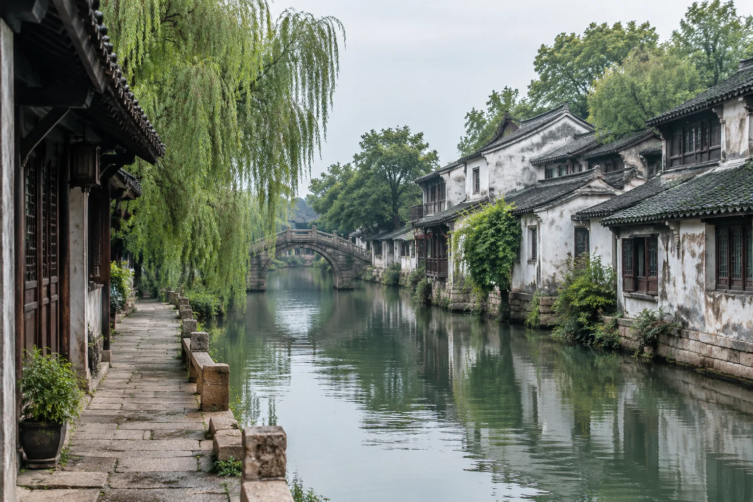 AI-generated Jiangnan water-town travel scene