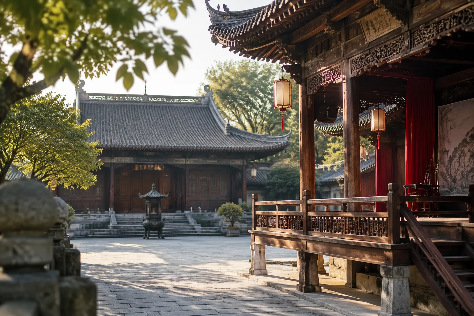 AI-generated realistic travel concept: Xiuzhen Temple and the Old Stage: Reading the East Scenic Area's 'One View'