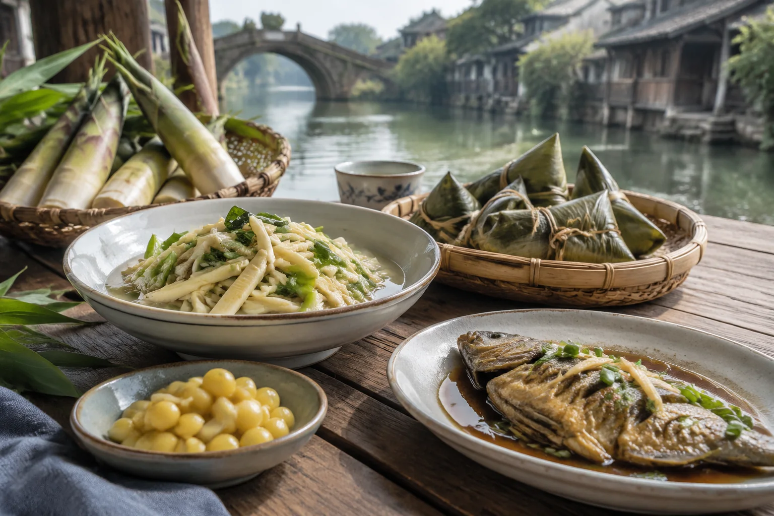 AI-generated realistic travel concept: A Seasonal Food Calendar for Wuzhen