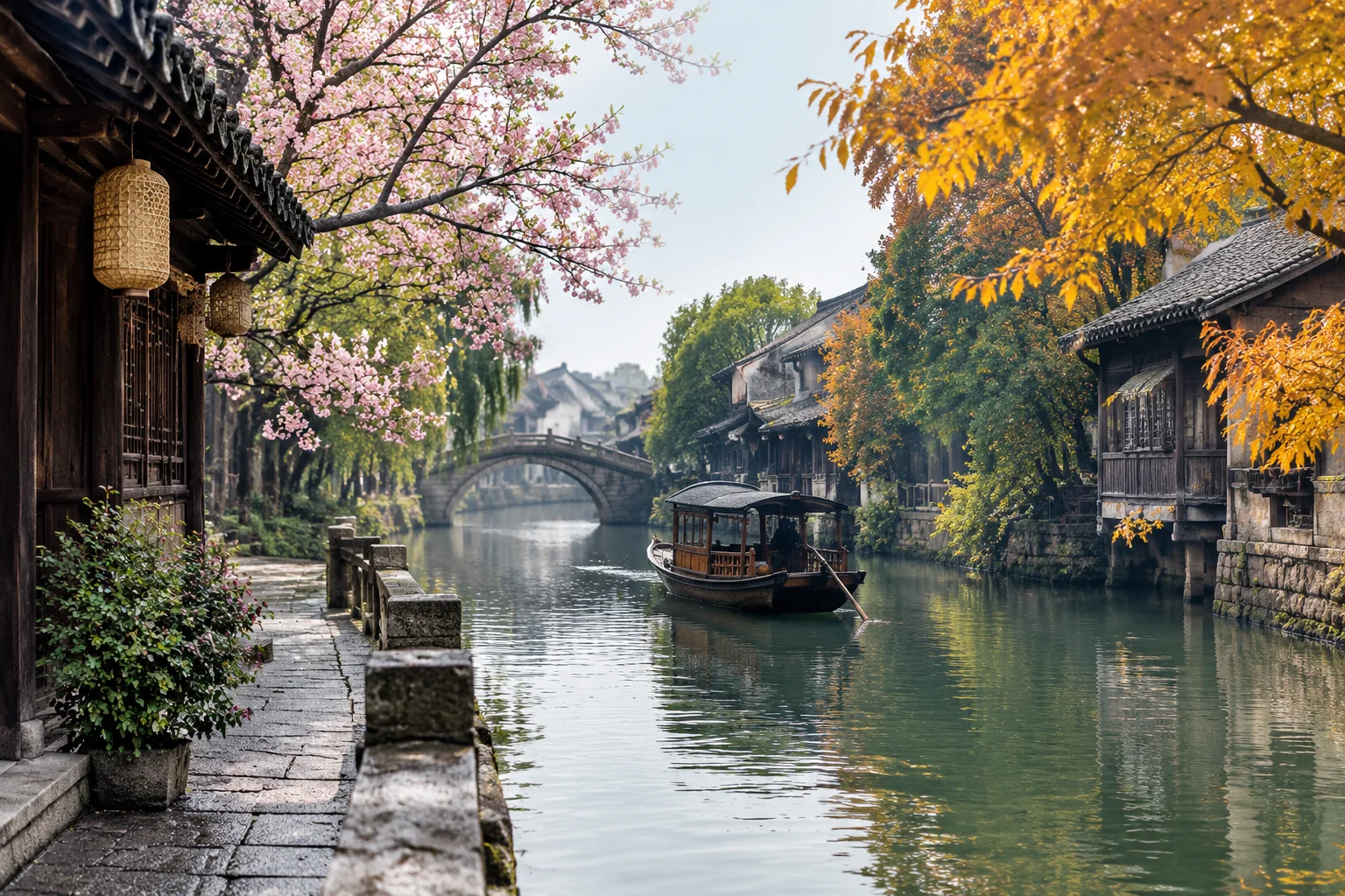 AI-generated realistic travel concept: Spring and Autumn: Two Different Kinds of Wuzhen Weather