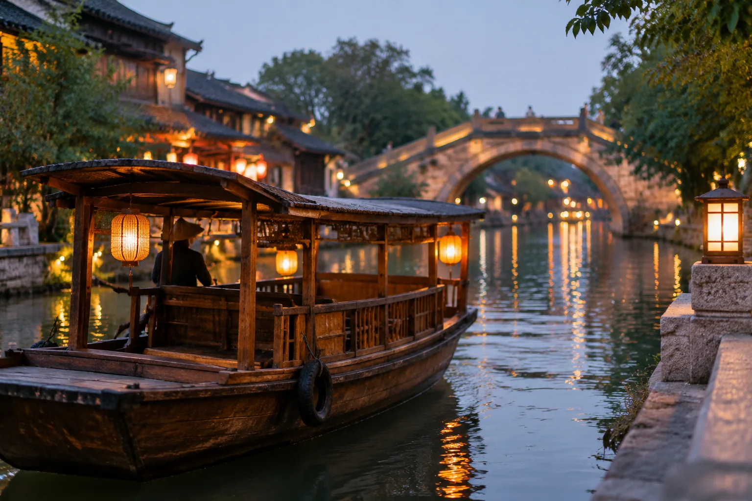 AI-generated realistic travel concept: Boat, bridge or waterside walk?