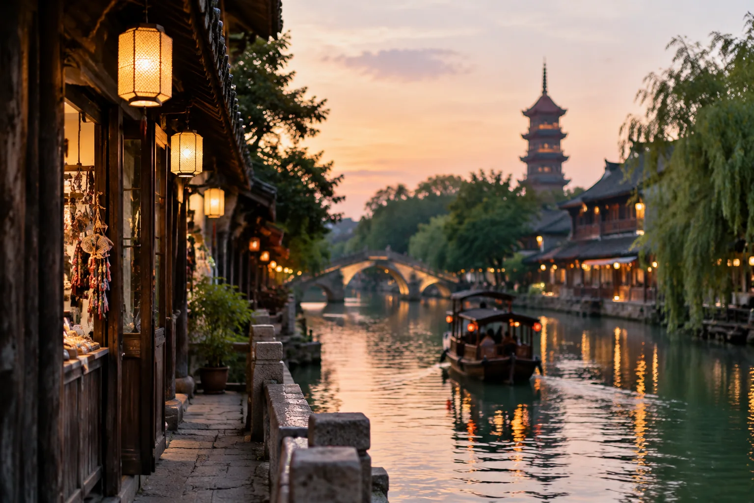 AI-generated realistic travel concept: West Scenic Area: Waterways, Shops and Evening Atmosphere