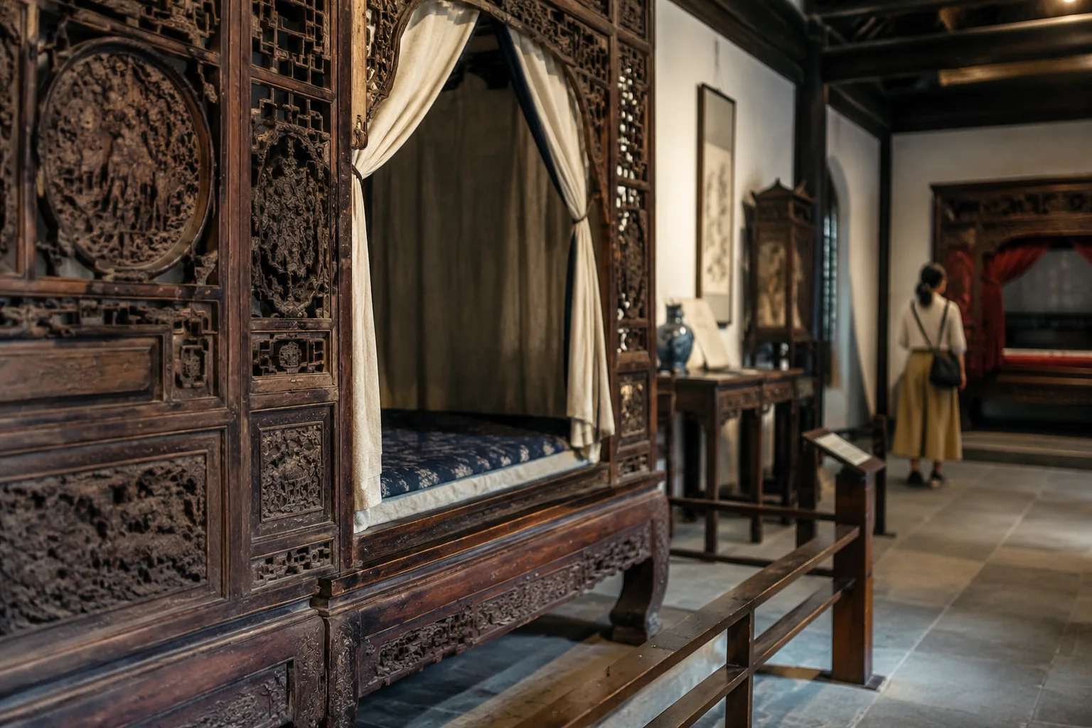 AI-generated realistic travel concept: The museum trio: beds, folk customs and wood carving