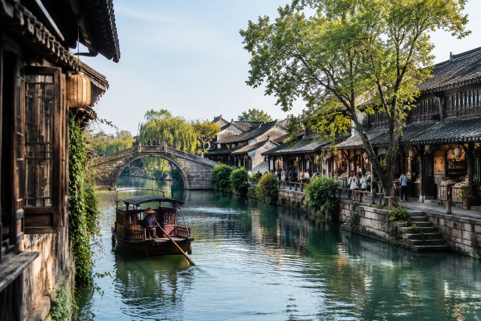 AI-generated realistic travel concept: Wuzhen: A Larger, More Structured Water Town
