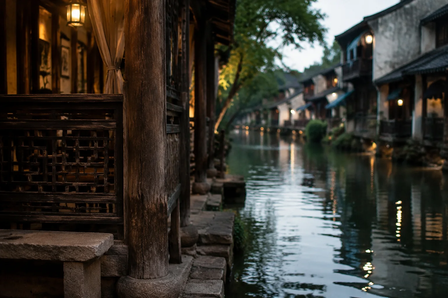 AI-generated realistic travel concept: Staying inside Wuzhen's West Scenic Area