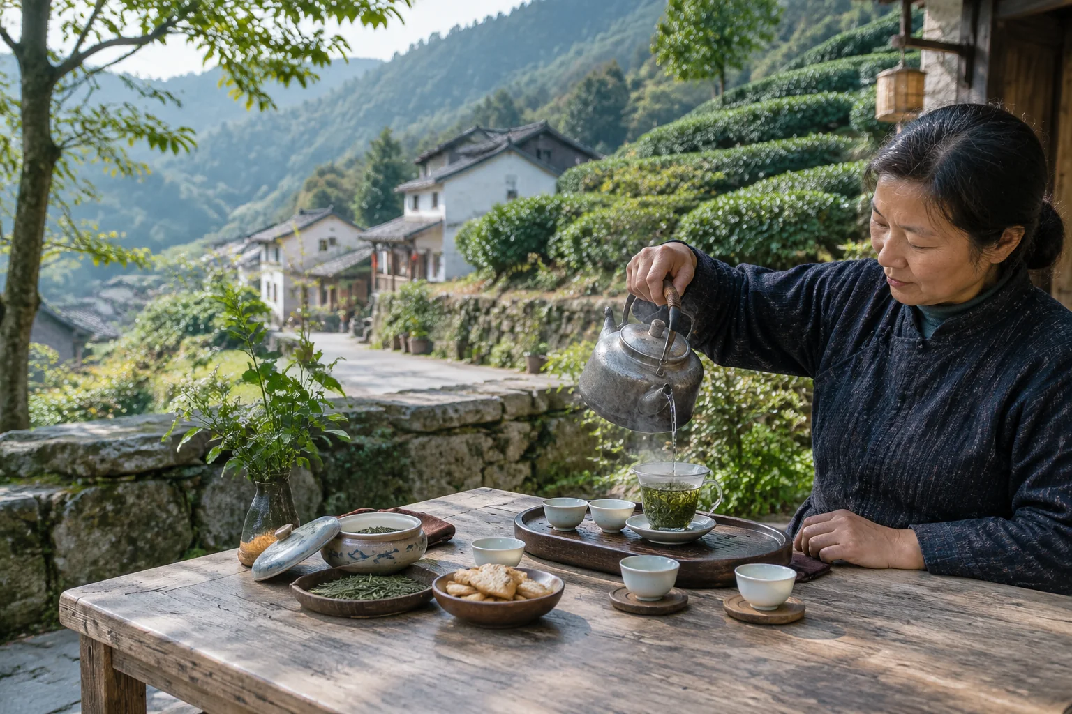 AI-generated realistic travel concept: What a village tea table is actually like