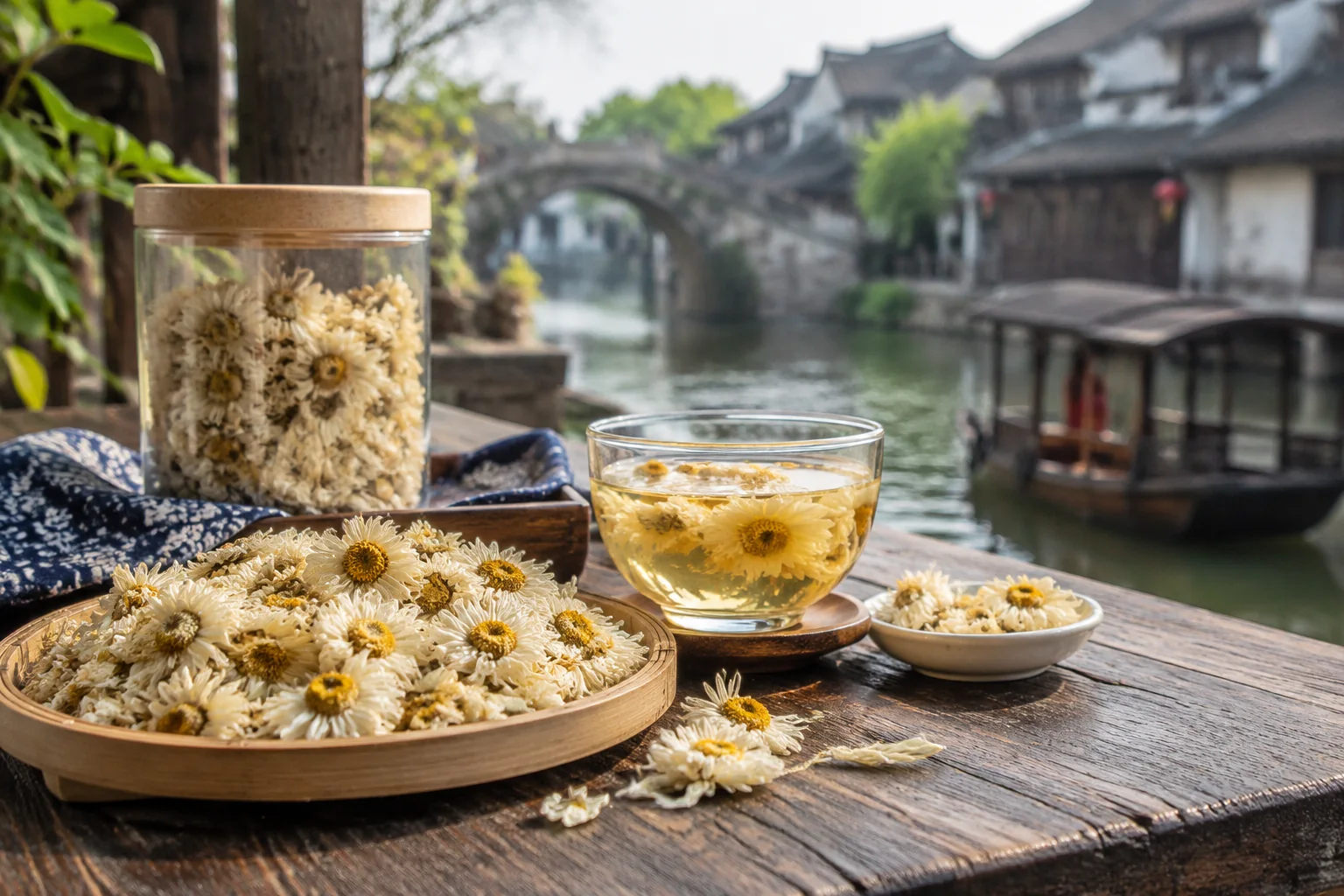 AI-generated realistic travel concept: White Chrysanthemum: A Tongxiang Product With a Hangzhou Name